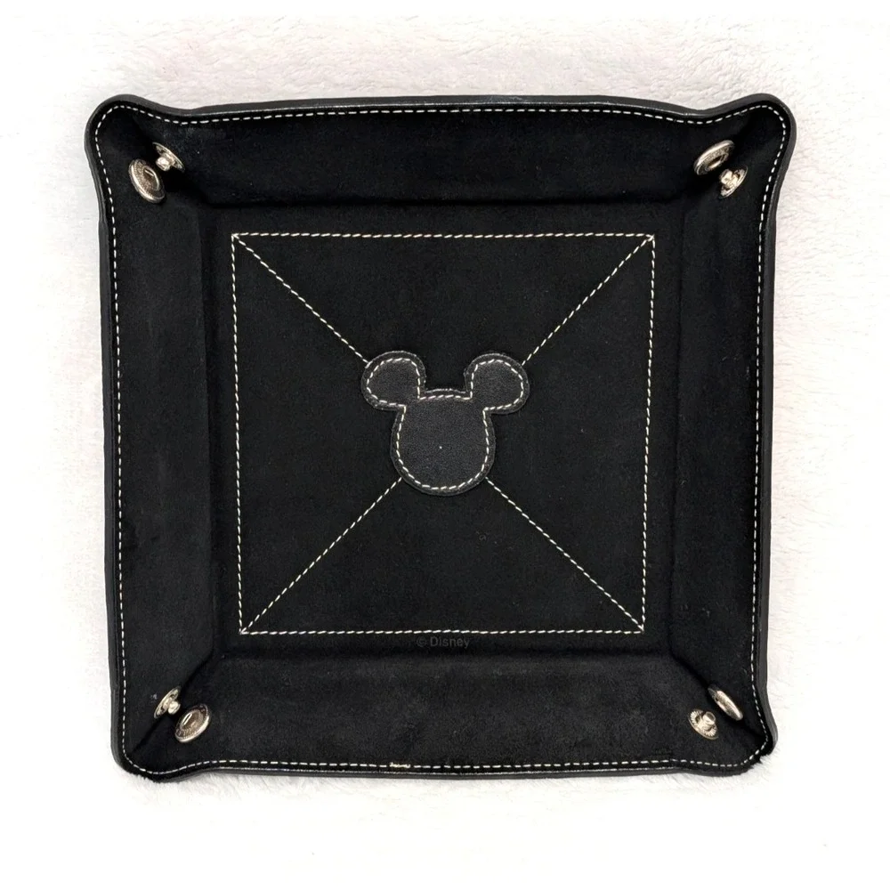 RARE Disney Genuine Leather Mickey Mouse Snap Valet Catchall Tray Black Velvet